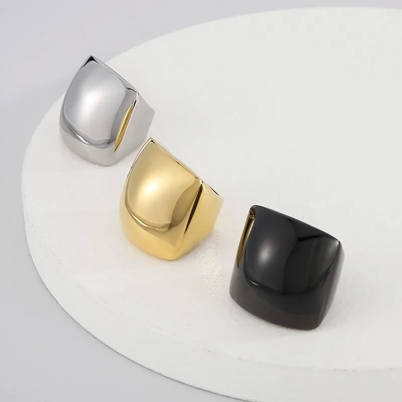 Elegant Multi-Tone Stainless Steel Wide Band Ring for Women - Glossy Geometric Jewelry Gift