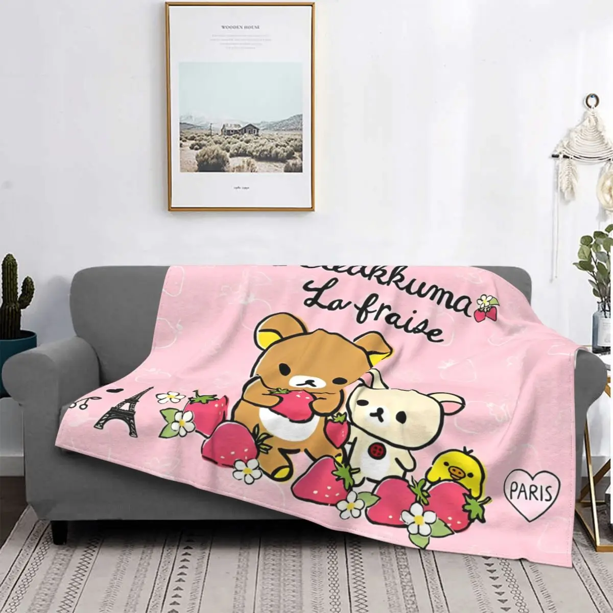 

Милый рилаккума с клубничкой, всесезонное дышащее ультрамягкое покрывало для постельного белья, автомобильное плюшевое тонкое одеяло