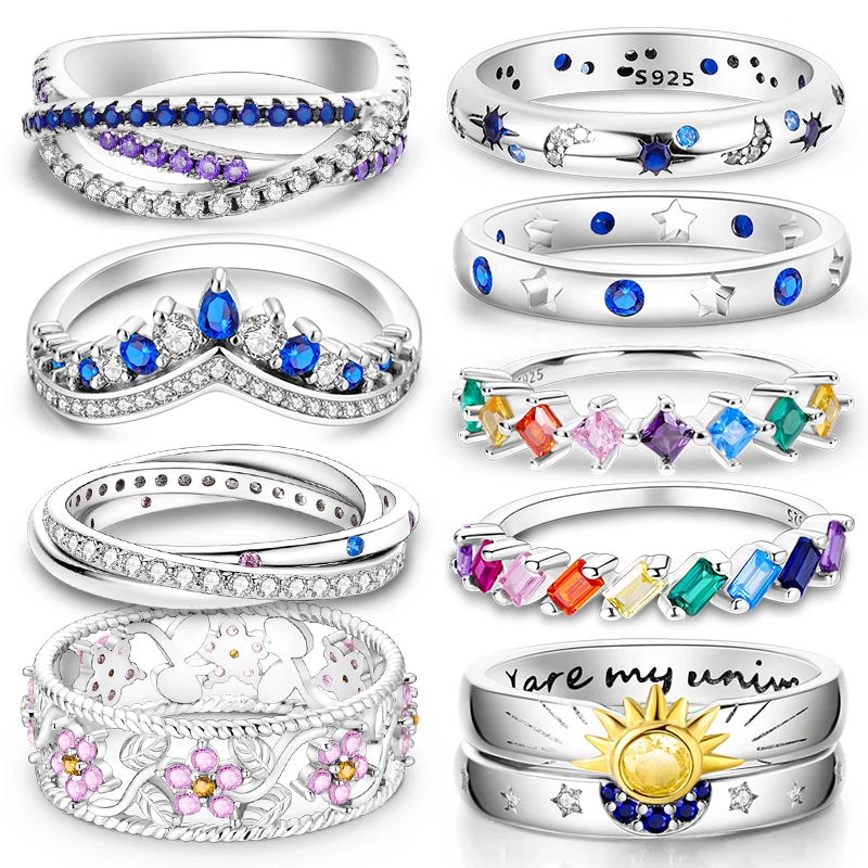 Silver Rings New Rings For Women 100% 925 Sterling Silver Star Moon Colorful Zircon Rings Fine Wedding Engagement Birthday Jewelry Gifts