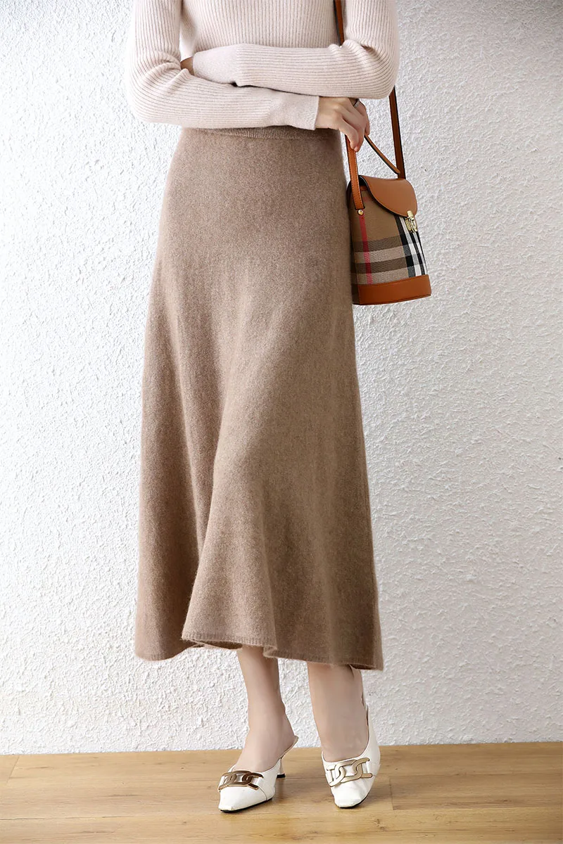 100% Merino Wool New Autumn and Winter Women\'s Half-length Solid Color Versatile Commuting Over-the-Knee Skirt