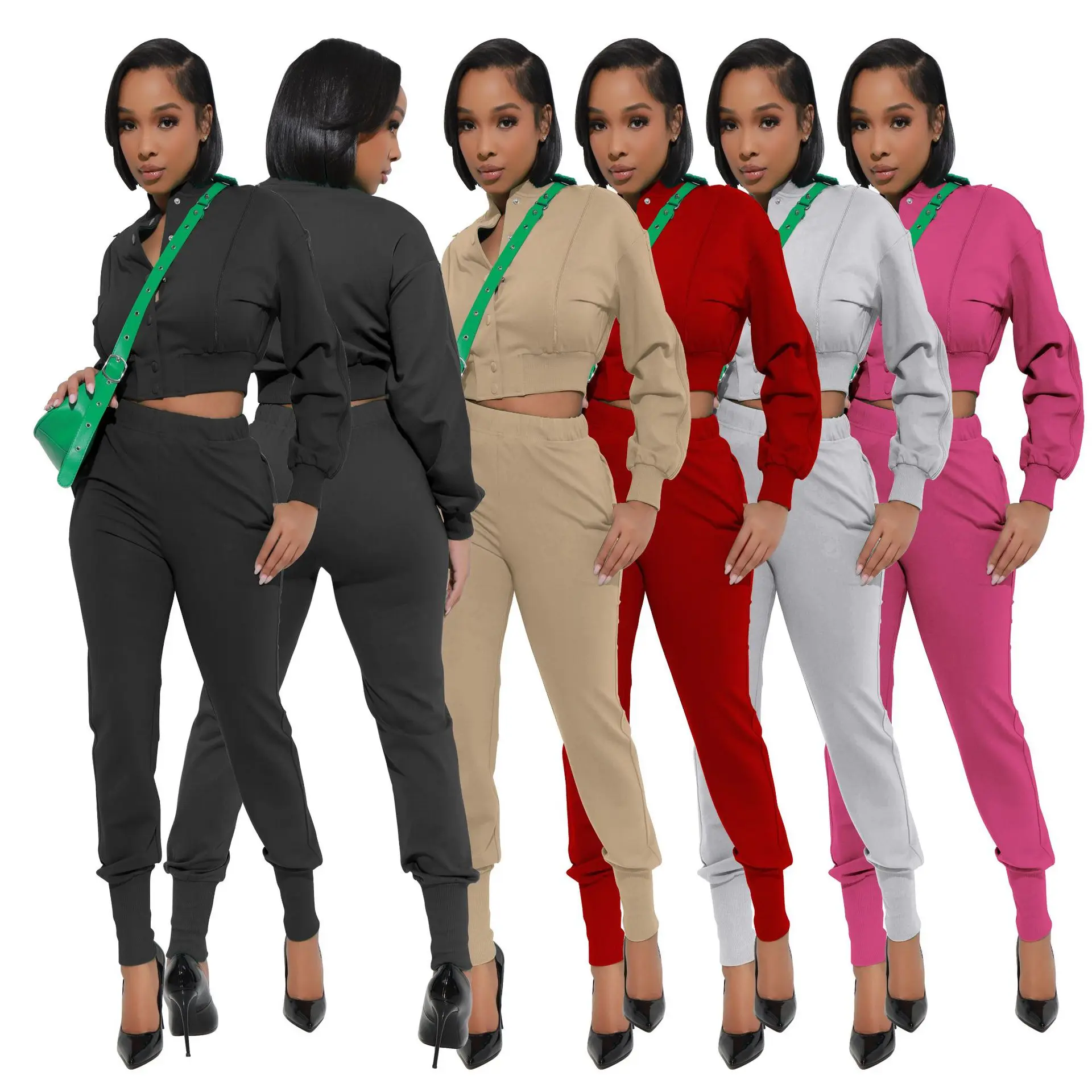 Fitness Women 2 Piece Set Varsity Button Up Crop Jacket High Waist Jogging Pants Matching Set 2023 Fall Winter Workout Tracksuit summer men set tiger animal 3d printed tracksuit o neck t shirt stretch shorts sportswear two pieces set jogging fitness outfits