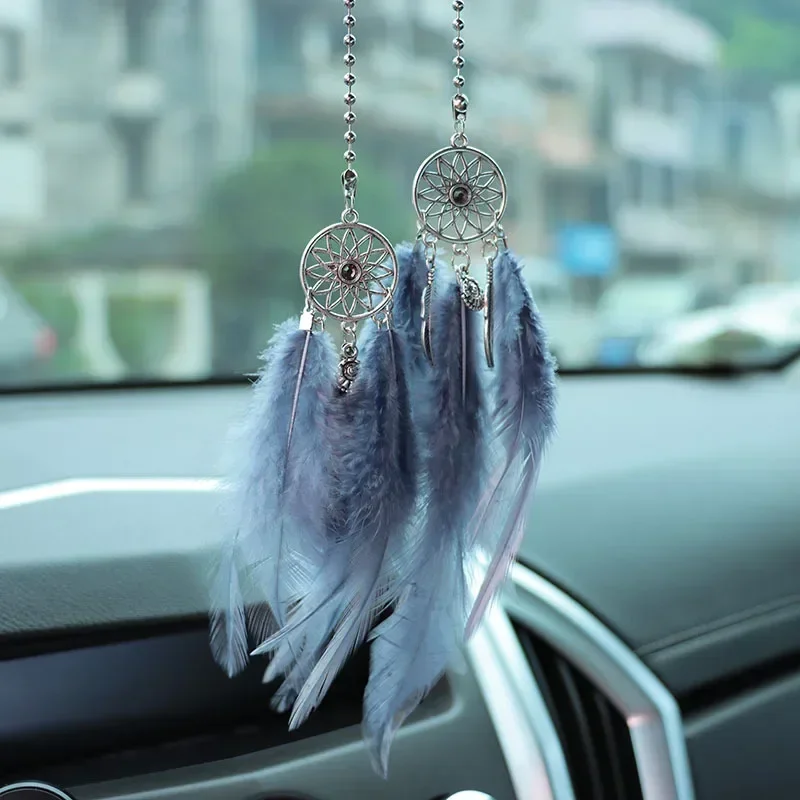Acchiappasogni fatto a mano con piuma, accessori per specchietti auto, ciondolo per auto, decorazione per casa o ufficio (blu, nero e bianco) - Italia