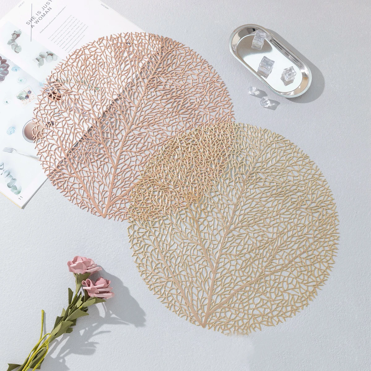 1/3pcs Leaf Table Mat Golden PVC Placemat Hollow Insulation Coaster Pads Modern Style Decor Table Bowl Home Christmas