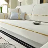 1pc Solid Color Sofa Cover Cotton Linen Four Season Anti-Slip With Gold Lines Decor, Couch Seat Cover Blanket Modern Living Room 1