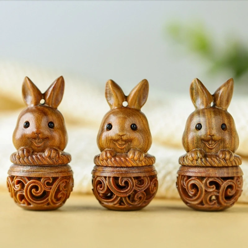 Mini Wood Pills Storage Can, 3D Carved Rabbit Designs Box, Pendant Accessories for Essential Oils and Small Items 5