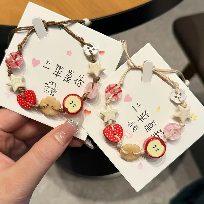 Handmade Ceramic Apple Bracelet - Adjustable Woven Cord with Cartoon Beads for Women
