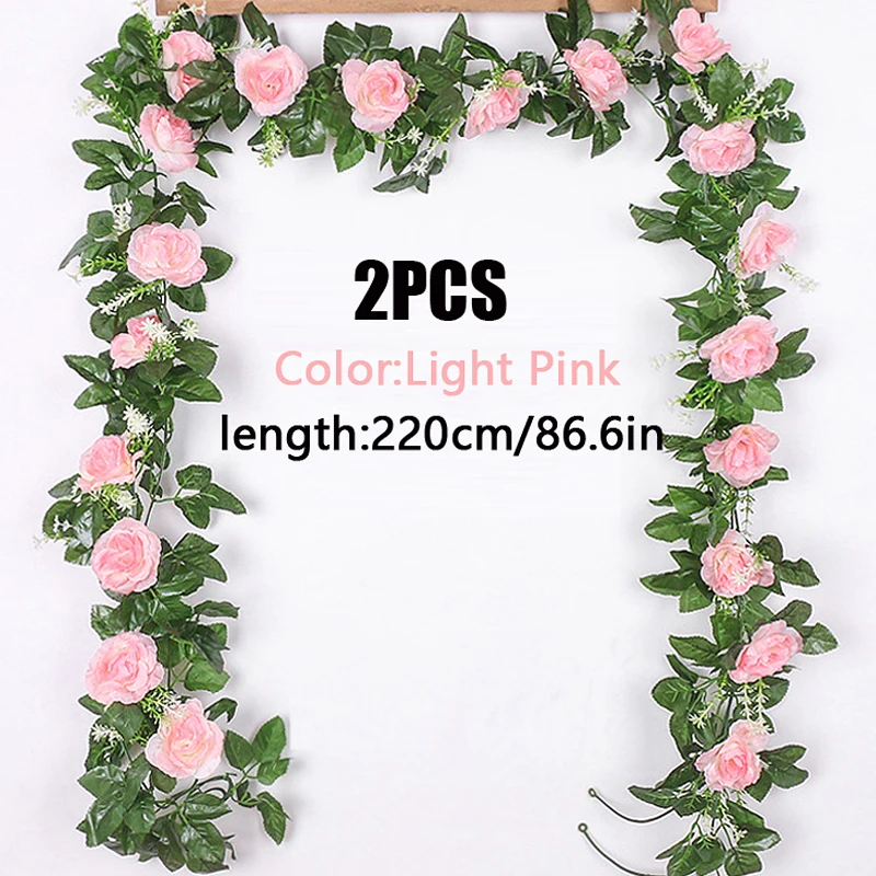 2Pcs Artificial White Flower Fake Rose Hanging 2.2M Vines Plants Leaves Artificials Garland Flowers Wedding Party Decoration