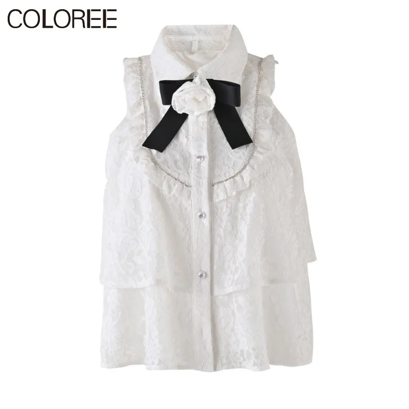 

Korean Fashion Y2k Clothing 2023 Summer Elegant Bow Sleeveless White Lace Blusa Feminina Runway Designer Top Mujer