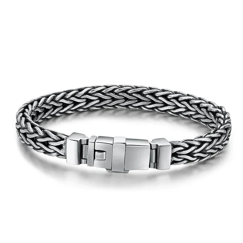 

8mm Width Real Silver Handmade Retro Weave Plug Lock Bracelets For Men S925 Sterling Silver Hand-woven Twist Buckle Bracelets