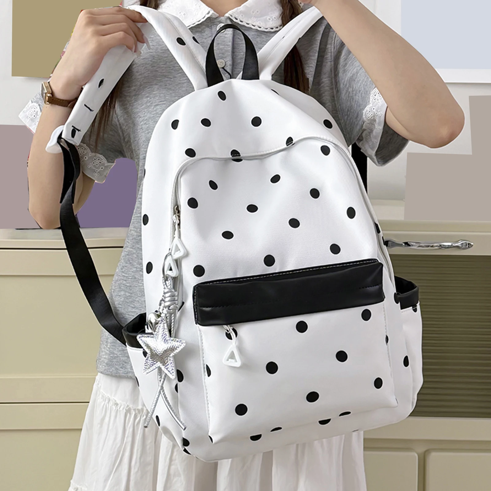 Polka Dot Aesthetic Preppy Backpack Kawaii Sweet Campus Bookbag Travel Casual Daypack for Elementary & Middle Girl Students 4