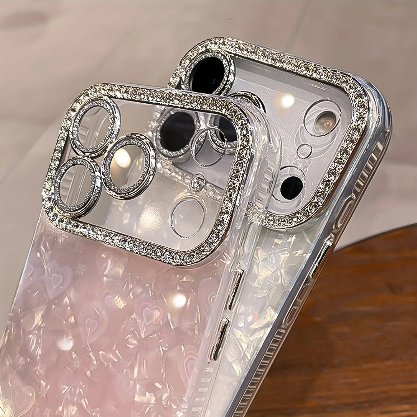 Elegante Glitzer-Kristall-Liebes-Laser-Shell-Muster-Telefonhülle für iPhone 17, Air 16, 15, 14, Plus, 13, 12, Pro Max, weiche Linsenfolie – Detail 4