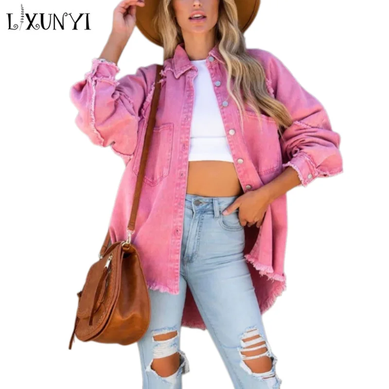 

LXUNYI Spring Autumn Loose Middle Long Women's Denim Jacket Washed Distress Tassels Overcoat Long Sleeve Casual Woman Coat