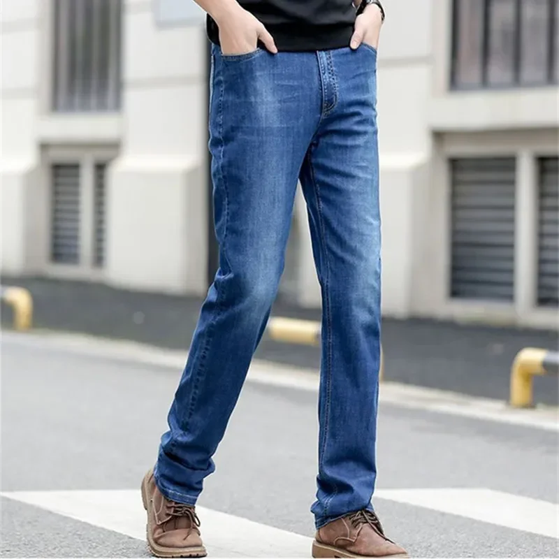 Summer Thin Tall Men Slim Fit 118CM Long High Waist Black Oversized Stretched 130KG Trousers Plus Size 46 44 42 Denim Pants 2