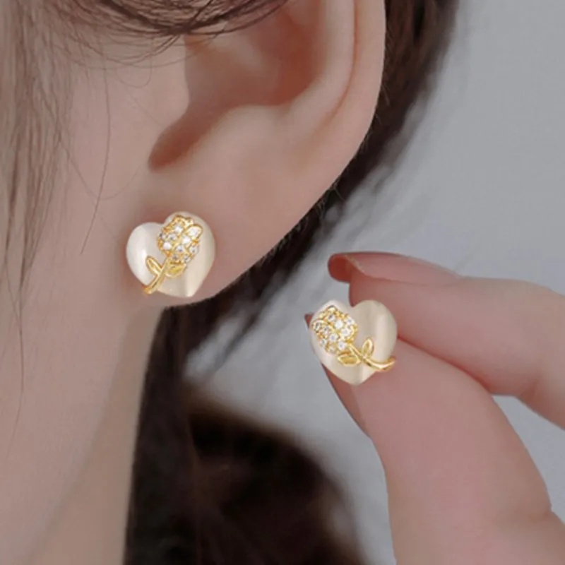 Gold Color Tulip Cat's Eye Stone Heart Stud Earrings for Women 2024 New Arrival Sweet Zircon Earring Jewelry Gifts