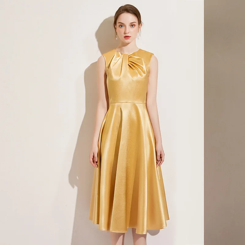 

2023 Spring Autumn Women Waist Pulling Large Swing Dress Mid Length Dress