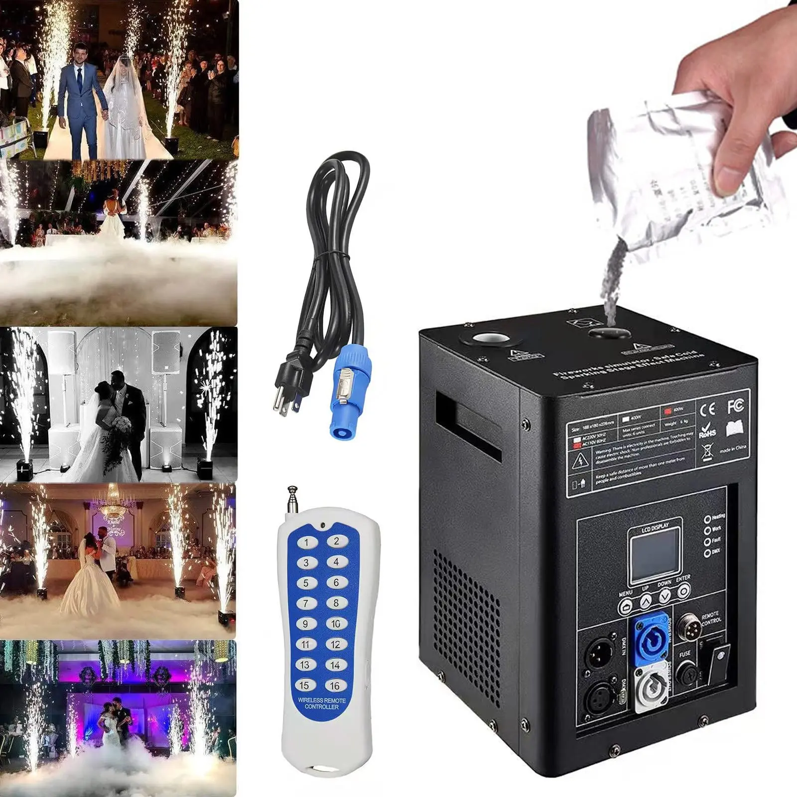 미니 360 콜드 스파크 불꽃 놀이 기계, DMX512 제어, 웨딩 디스코 파티 쇼, 사진 부스 액세서리 무대, 600W 전력