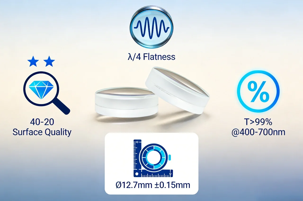 PhotonEdge 12.7mm 아크로매틱 이중 렌즈, 30-200mm 초점 거리, AR 코팅 T99% @400-700nm, 40-20 S/D, λ/4 평탄성