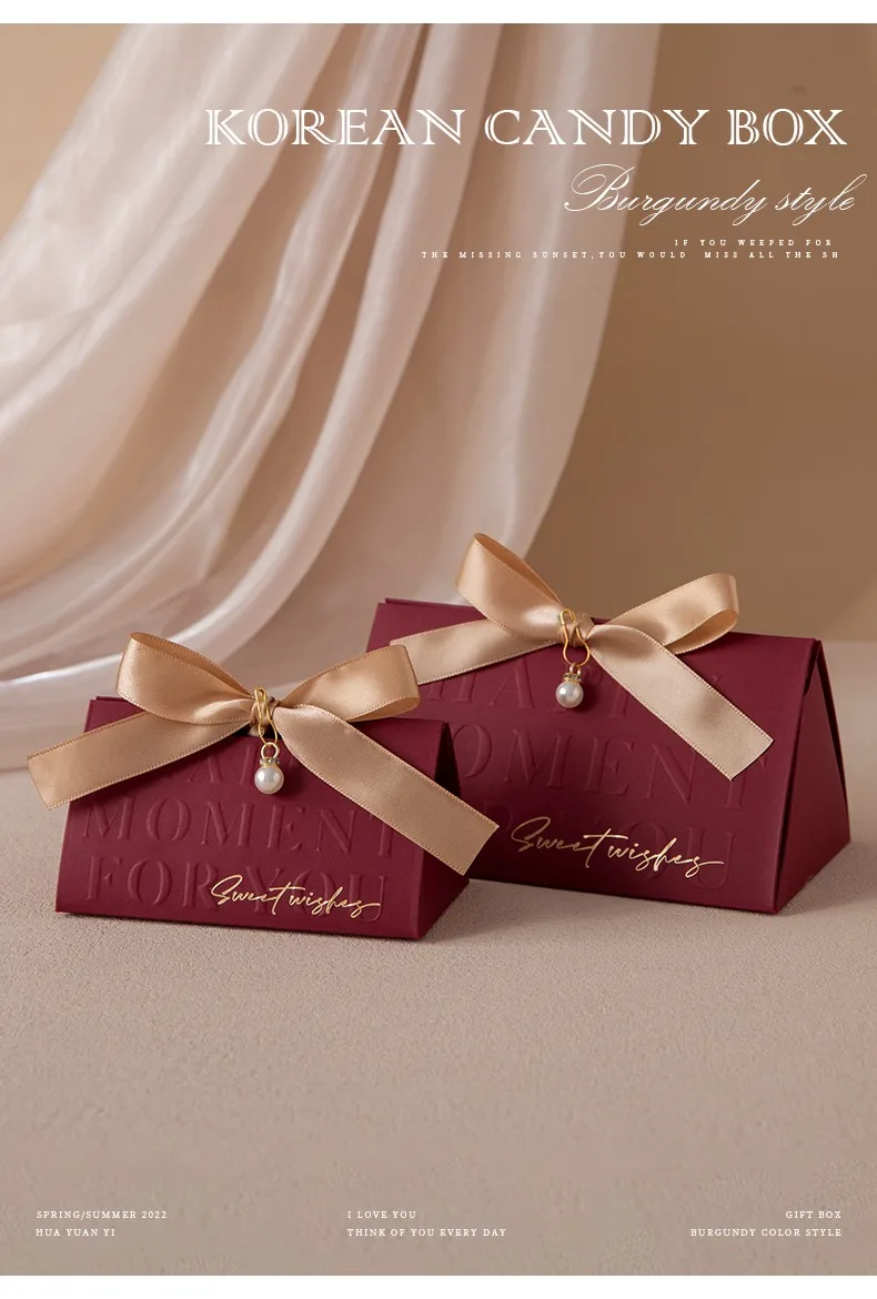 Triangular Champagne Wedding Gift Boxes – Candy Packaging Favor Boxes with Ribbon for B... - SKU WGB17073 - UGI Packaging