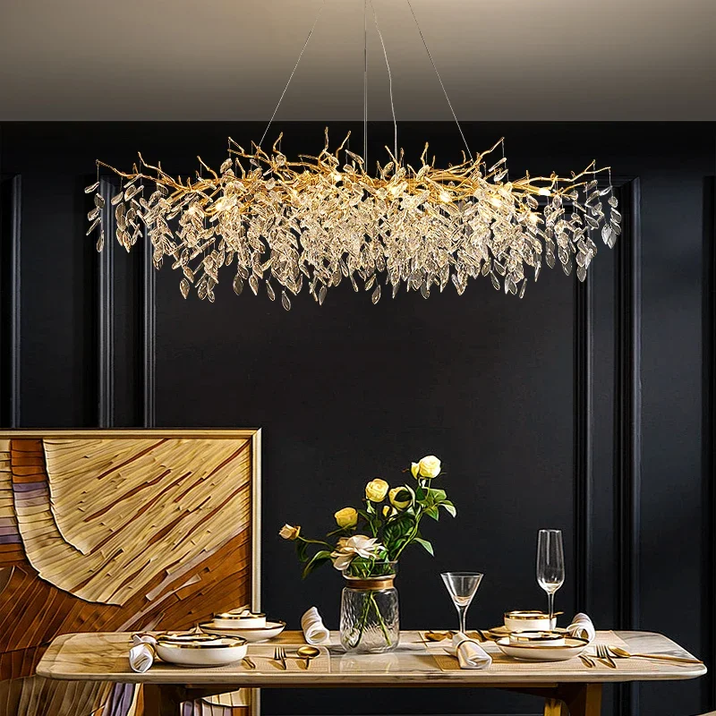 

Golden crystal chandelier rectangular branches island decorative lighting French luxury villa luxury living room crystal lamps