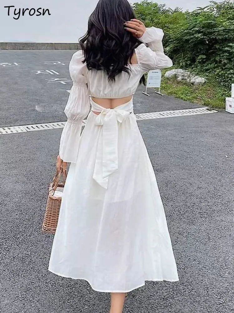 

Dresses Women Backless Leisure Sweet Ladies Temperament Stylish Korean Style Midi Vestidos Spring Minimalist Pure Basic Daily