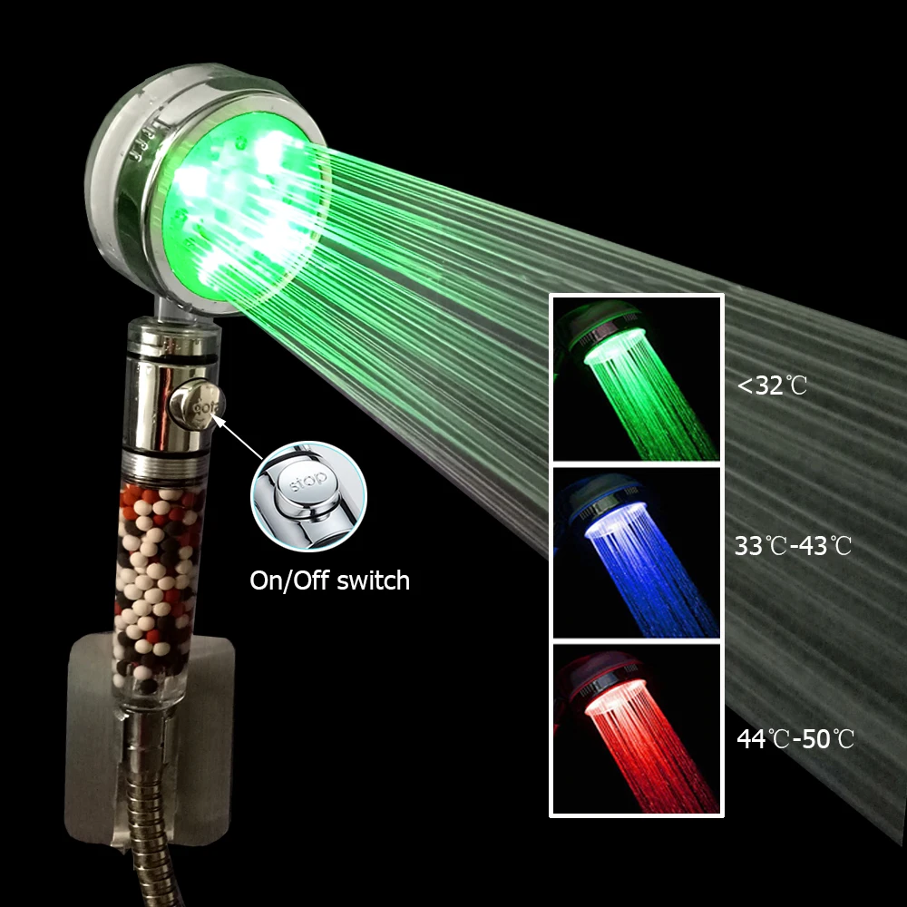 

Bathroom Mineral Led Shower Head High Pressure Rain Sensor Negative Ion Handheld Filter Shower Head Nozzle with Stop Button