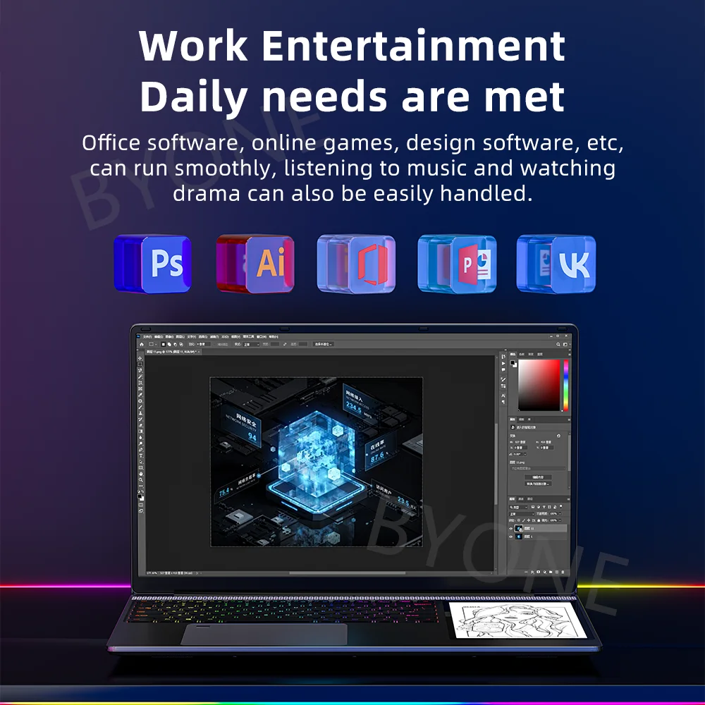 BYONE BY156 Dual Screen Laptop 15.6" IPS+7" Touch Screen 32G DDR4 2TB SSD Intel N100 Processor Windows11 Notebook Computer 5