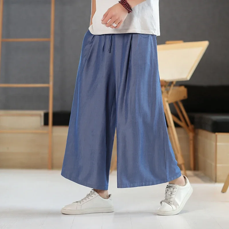 Men Wide Leg Pants Japan Samurai Thai Silk Pants Summer