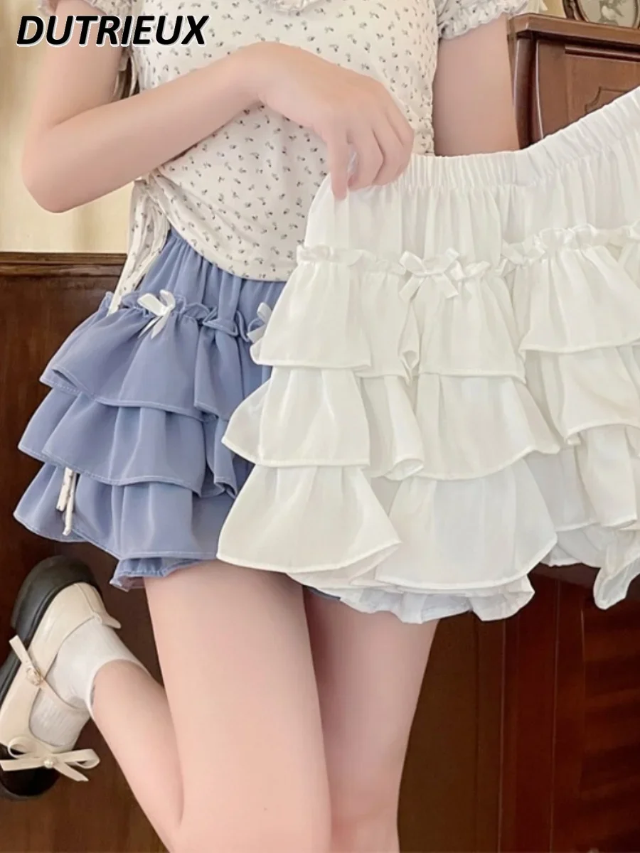 Double Layer Pumpkin Pants Cake Skirt Bow Pettiskirt Anti-Exposure Women's Summer 2024 New Sweet Cute Girls Short Skirts