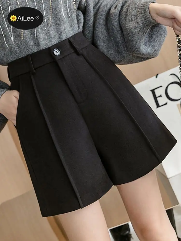 Autumn Winter Woolen Shorts Women Knee Length High Waist A-line Wide Leg Warm Shorts Loose Casual Women Warm Boots Shorts XXL