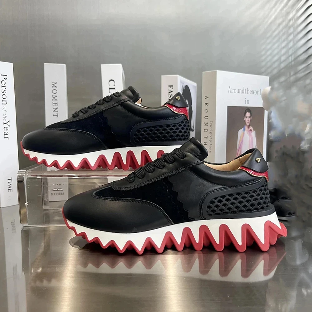 Couple Rivet Graffiti Thick Clunky Platform Dad Sneaker Shark Teeth Shaped Stitching Lace-Up Men Red Sole Comfort Slip-on Shoes