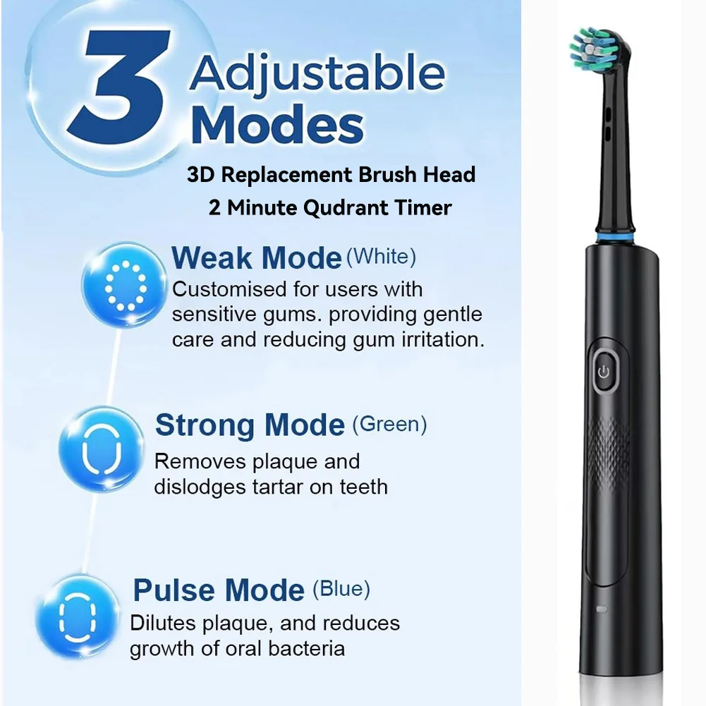 Rotating Electric Toothbrush Black White for Adults with 4 Brush Heads Deep Clean with Rechargeable Power and 2 Min Smart Timer 2
