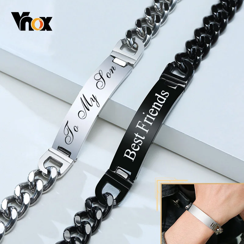 Vnox Free Personalize Names Stainless Steel ID Bracelets for Men,Custom Love Gift for Father Husband Son, 9/12mm Wide high quality stainless steel belt buckle for husband personality business men jewelry custom name logo pattern father’s day gift