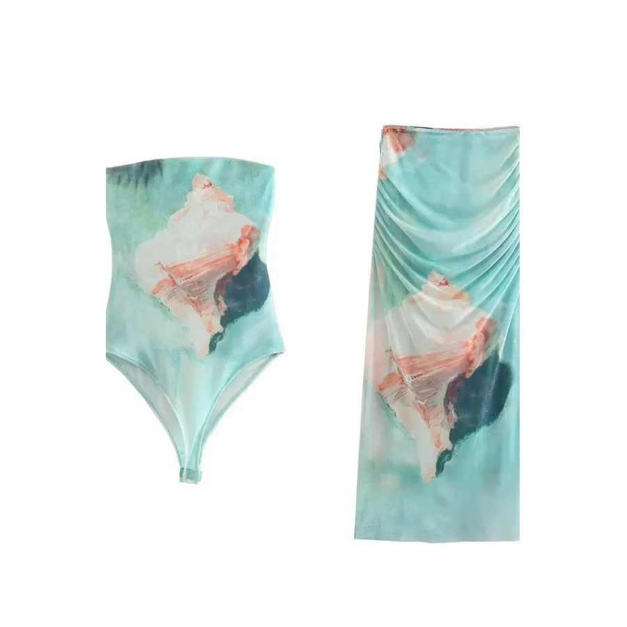 

Woman Sexy Slim Strapless Bodysuit Set 2023 Summer Female Chic Mesh Bodysuits Sets Ladies High Waisted Print Midi Skirt Suits