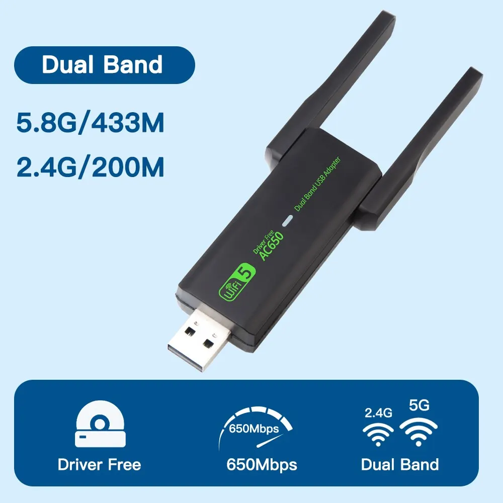 와이파이 USB AC650 어댑터 듀얼 밴드 무선 USB2.0 네트워크 카드, 핫스팟 와이파이 리시버, Win7, 10/11 드라이버 무료