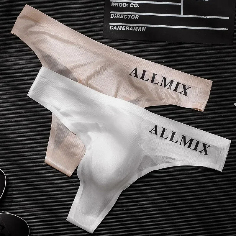 Men Sexy Transparent Underwear Thongs Sports Fitness Letter Thin Hip Sissy Panties G Strings Ice Silk Low Waist Seamless male underwear male lingerie