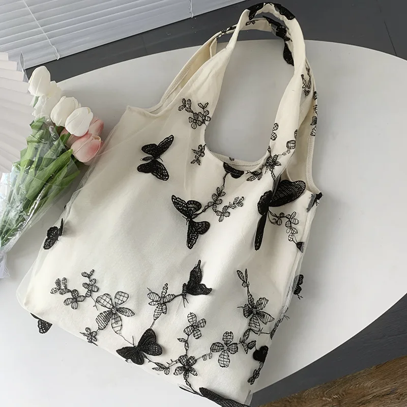 

Embroidery Tote bag black butterfly canvas bag Lace Fairy leisure travel women's bag large capacity shoulder bag Casual