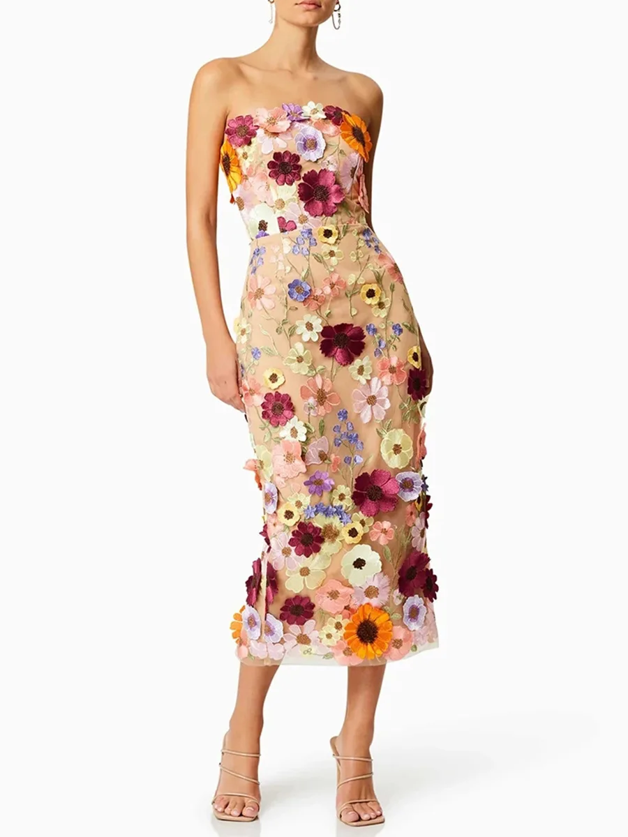 

womens elegant 3D flower embroidered flares dress strapless sleeveless backless knee length mermaid dress