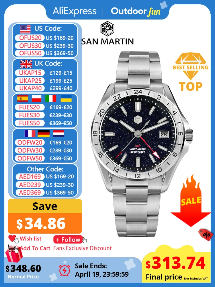 San Martin 남성용 럭셔리 시계, Aventurine 보석 다이얼, NH34 GMT 자동 기계식 사파이어 방수 야광 SN0129, 39mm 