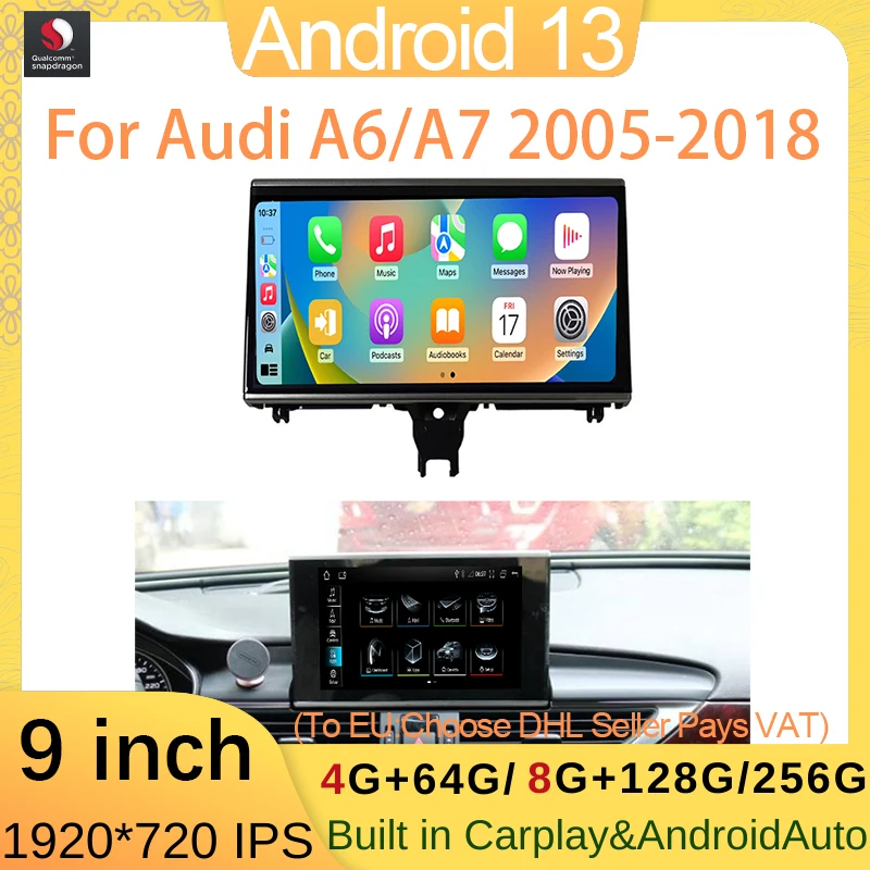 9 Pollici 8Core Qualcomm Android 13 Per Audi A6 C7 A7 2012-2018 8 + 256G Lettore Video Multimediale Apple Carplay Navigazione Gps Wifi