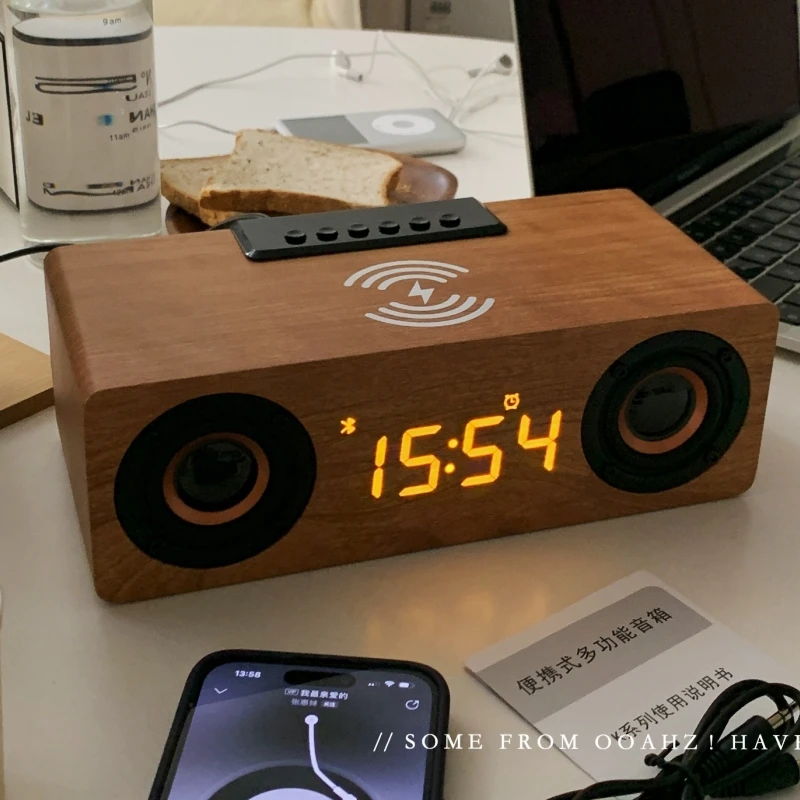 Multifunction Desk Table Led Digital Display Alarm Clock FM Radio Blue-tooth BT 5.0 Speakers with Cell Phone Wireless Charger