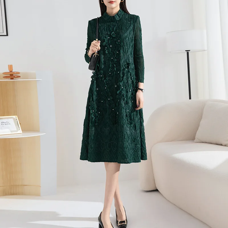

Miyake Fold Dress Women's Spring And Autumn 2023 New Fashion Temperament Loose Elegant Half-turtleneck Long-Sleeved Bottom Skirt