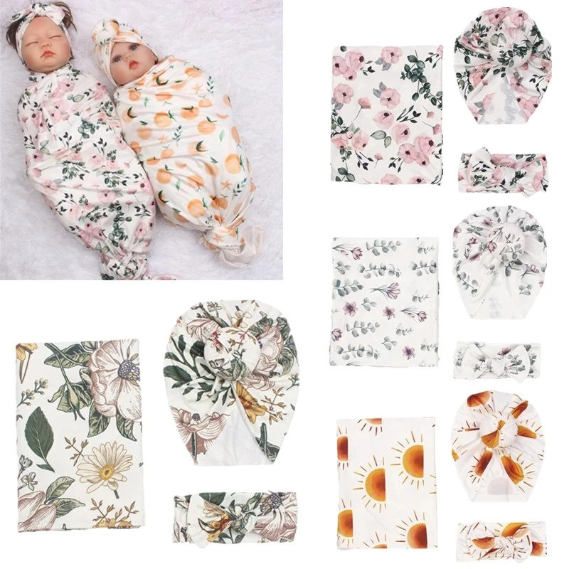 3pcs New Born Baby Receive Blanket Muslin Swaddle Wrap with Bow Headband Newborn Diaper Baby