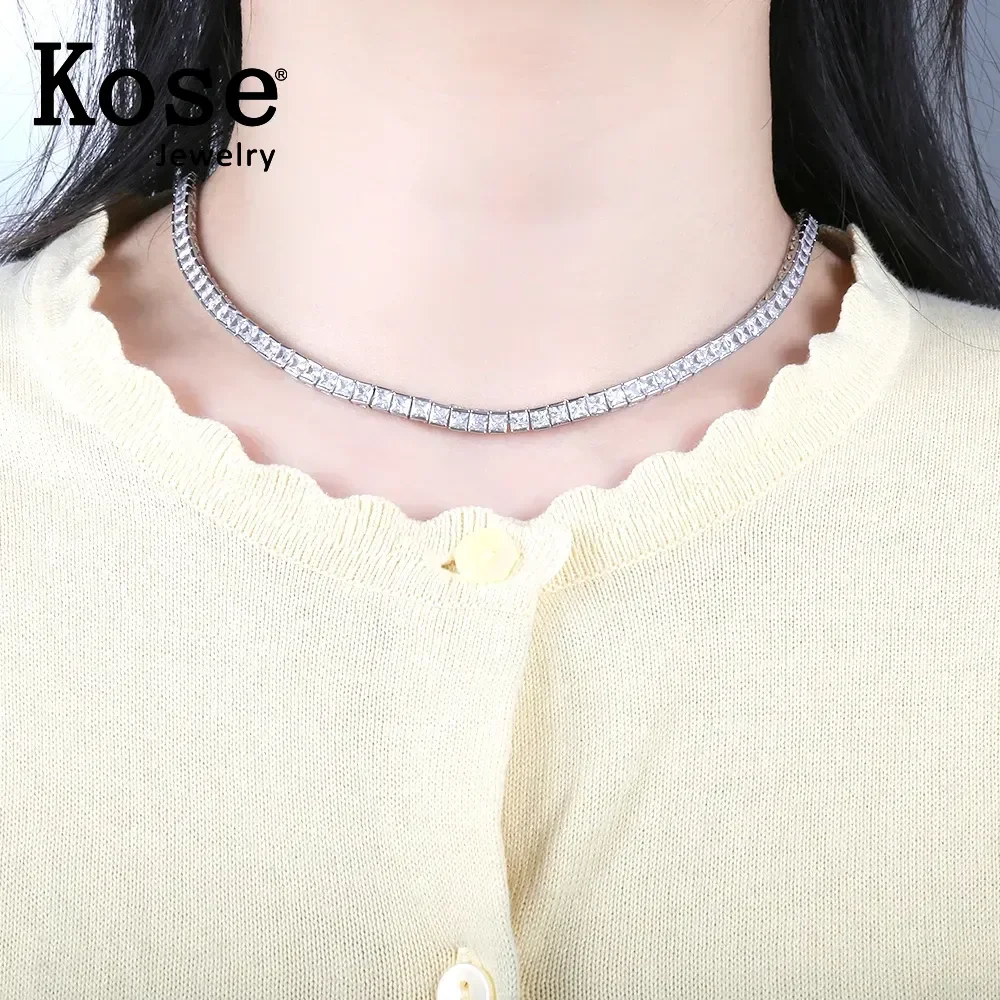 

KOSE Women's Accessories 925 Sterling Silver Necklace AAA Square Zirconia Chain Original Fashion Classic Wedding Jewelry