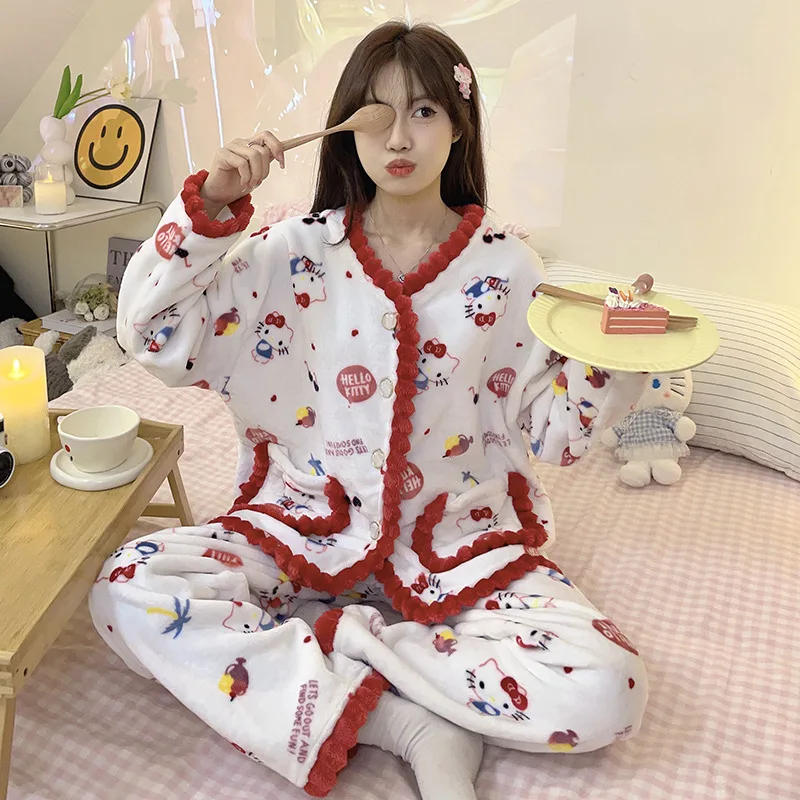 

Cartoon Sanrio Hellokitty Coral Velvet Pajamas Kt Cat Winter Leisure Thickening Plush Sleepwear Household Clothes Halloween Gift