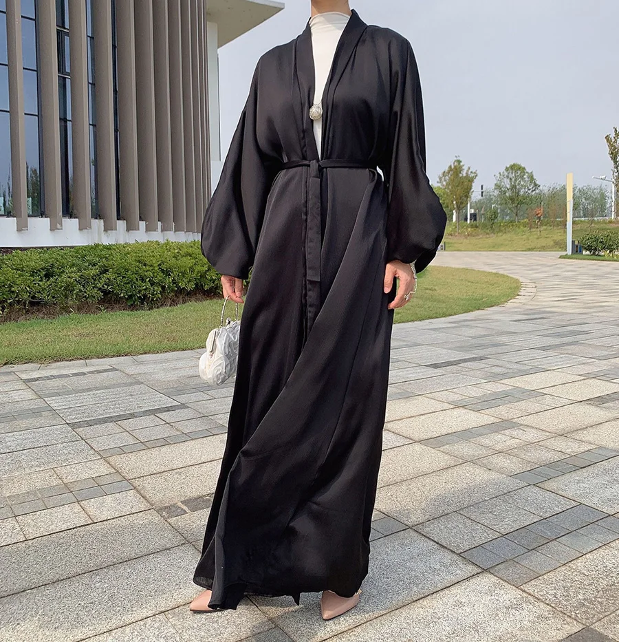 

Fashion Muslim Kimono Abaya Solid Retro Bubble Satin Cardigan Robe Dubai Middle Eastern Saudi Arabia Eid Clothes 2023