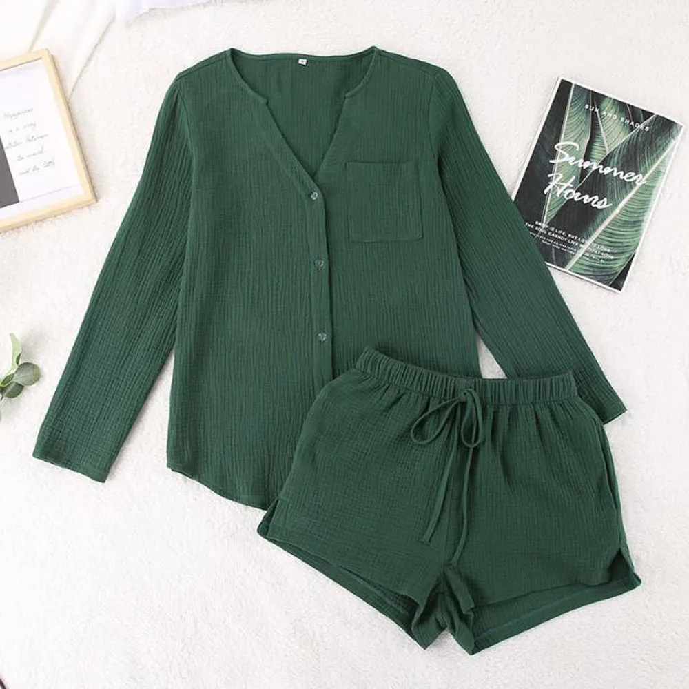 Women Loungewear Sets V Neck Loose Blouse Shirt High Elastic Drawstring Shorts