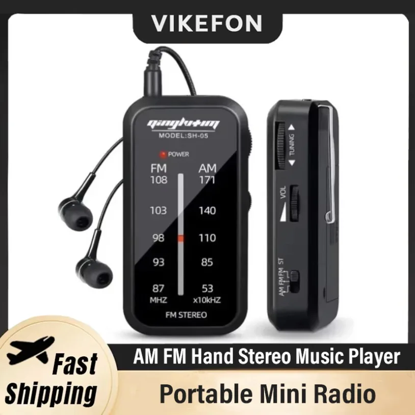 VIKEFON Mini Radio Portable Sports Radios AM FM Hand Stereo Music Player AAA Batteries with Headphones For Walking Camping‌