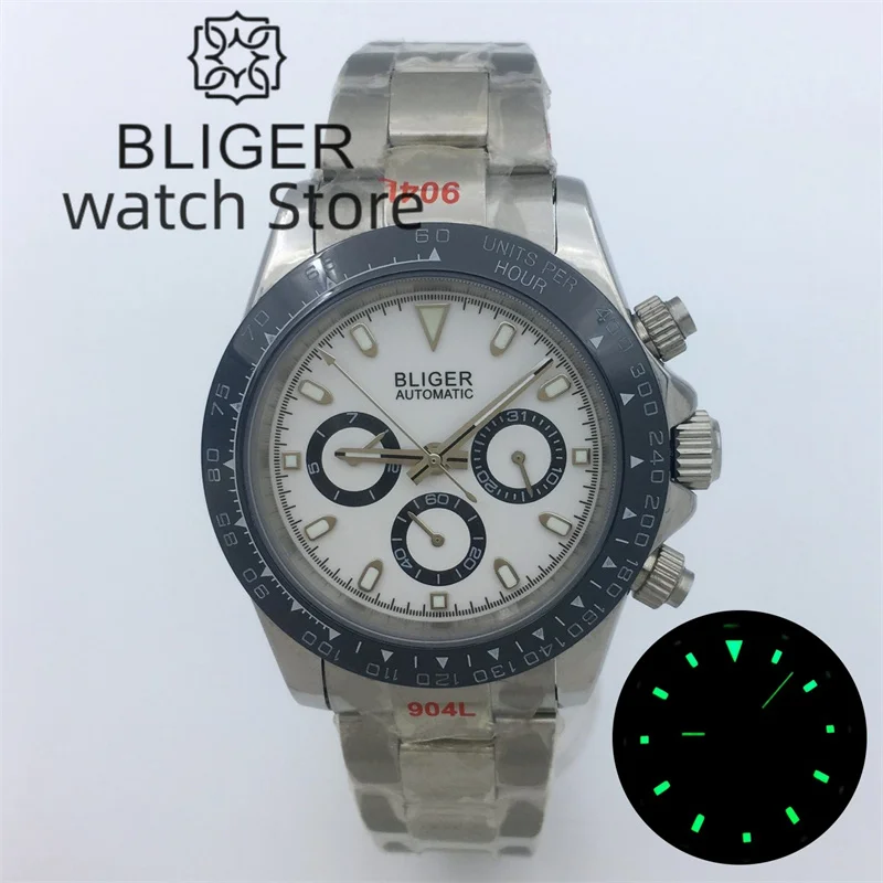 Bliger 39mm Automatic Mechanical Date Week Indication Fashion Watch For Men Ceramic Bezel White Dial Luminous Sapphire Crystal