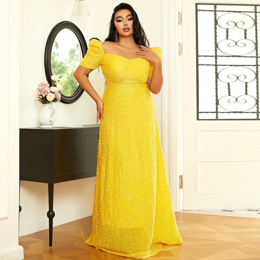 2023 Plus Size Round Neck Short Sleeve Yellow Shiny Sequin Evening