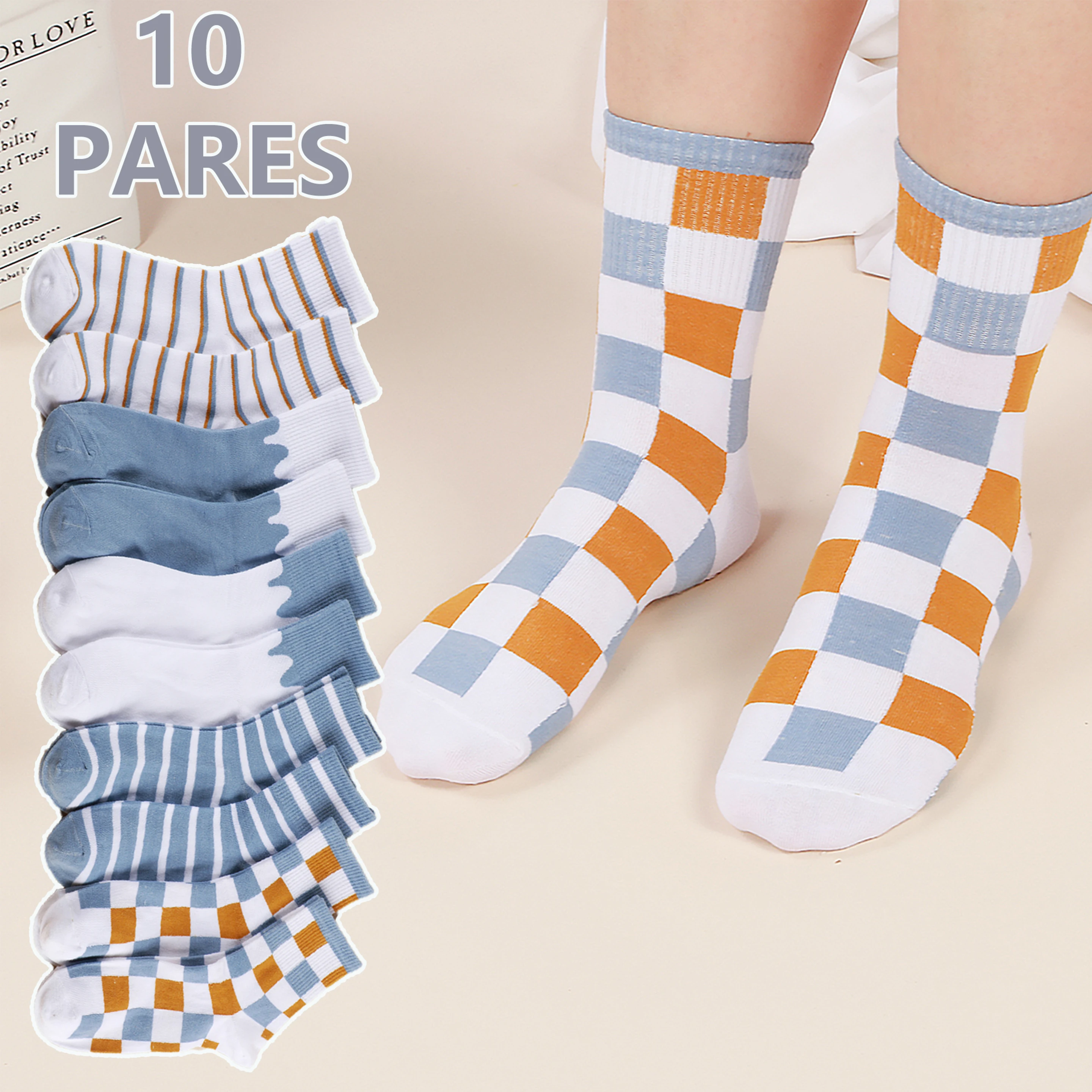 Chaussettes mi-mollet à motif rayé blanc et bleu pour homme, 10 paires, utilisation 03